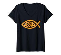 Donna Cristiano Gesù Cristo Pesce Simbolo Ichthys Maglietta con Collo a V