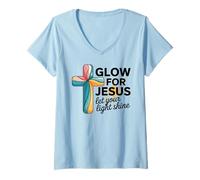 Donna Cristiano Glow per Gesù Lascia Che la Tua Luce risplenda Fede Croce Maglietta con Collo a V