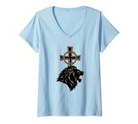 Donna Cristiano Leone di Giuda Croce Corona E Spine Fede Maglietta con Collo a V