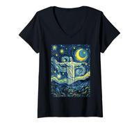 Donna Cristo Redentore Brasile Notte Stellata Art Presente Maglietta con Collo a V