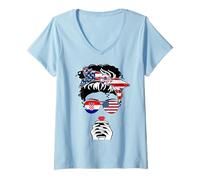 Donna Croatian American Coffee Mama Girl Sis Aunt Croazia Bandiera USA Maglietta con Collo a V
