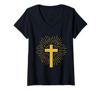 Donna Croce Vintage Beato Cristiano Fede Gesù Amante Spirituale Maglietta con Collo a V