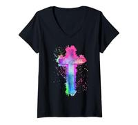 Donna Cross Christian Religious Believe Blessed Faith Graphic Maglietta con Collo a V