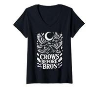 Donna Crows Before Bros Corvi gotici Luna e Cristalli Maglietta con Collo a V