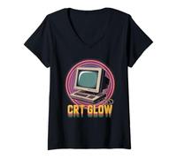 Donna CRT Computer Pop Culture Retro Videogioco Maglietta con Collo a V