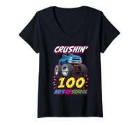 Donna Crushin 100 Giorni di Scuola Monster Truck Cartoon Maglietta con Collo a V