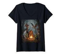 Donna Cryptids Campfire Bigfoot Mothman Forest Lake Camping Maglietta con Collo a V