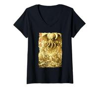 Donna Cthulhu Sea Battle Vintage Giapponese Guerra Nave Mostro Mare Maglietta con Collo a V