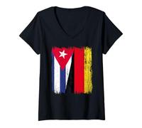 Donna Cuba Germania Mezza Bandiera Cuba Patrimonio Tedesco Maglietta con Collo a V