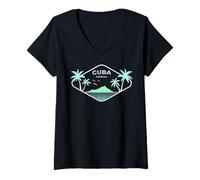 Donna Cuba Palme Isola Vacanza all'Avana Caraibi Souvenir Maglietta con Collo a V