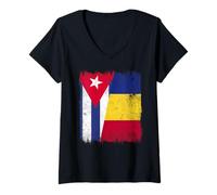 Donna Cuba Romania Mezza Bandiera Cuba Romania Patrimonio Maglietta con Collo a V