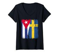 Donna Cuba Svezia Mezza bandiera Cuba Radici svedesi Maglietta con Collo a V
