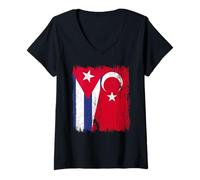 Donna Cuba Turchia Mezza Bandiera Turchia Turkiye Cuban Turchia Patrimonio Maglietta con Collo a V