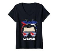 Donna Cubanita Cuban Girl Messy Bun Patrimonio ispanico Cuba Maglietta con Collo a V