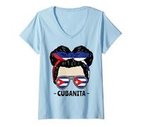 Donna Cubanita Cuban Girl Messy Bun Patrimonio ispanico Cuba Maglietta con Collo a V