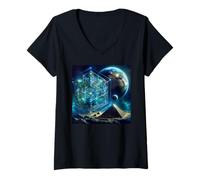 Donna Cubo di Metatron Quarta Dimensione con Terra e Piramidi Maglietta con Collo a V