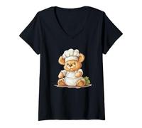 Donna Cucinare e sorridere con questo felice orso da cucina Maglietta con Collo a V