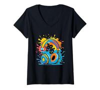Donna Cuffie Colorate con Spruzzi di Vernice Maglietta con Collo a V