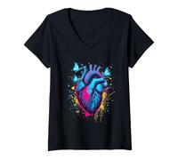 Donna Cuore a Farfalla con Schizzi di Vernice Neon Retro Maglietta con Collo a V