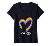 Donna Cuore arcobaleno colorato e Eiffel Parigi Francia Souvenir Maglietta con Collo a V