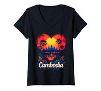 Donna Cuore Bandiera Cambogia Maglietta con Collo a V