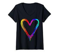 Donna Cuore colorato arcobaleno sfumato Maglietta con Collo a V
