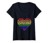 Donna Cuore con Impronte di Zampe Arcobaleno Maglietta con Collo a V