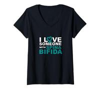 Donna Cuore con Nastro Verde Acqua I Love Someone with Spina Bifida Maglietta con Collo a V