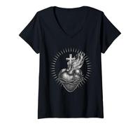 Donna Cuore di Gesù - Il Sacro Cuore Maglietta con Collo a V