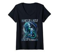 Donna Cuore Di Lupo Anima Di Un Drago - Cool Dragon - Wolf Warrior Maglietta con Collo a V