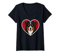 Donna Cuore di Pastore Australiano Tricolore Nero Maglietta con Collo a V