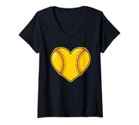 Donna Cuore di Softball per Giocatori, Compagni di Squadra, Allenatori o Genitori Maglietta con Collo a V