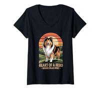 Donna Cuore di un eroe - Rough Collie Spirit Vintage Design Maglietta con Collo a V