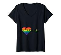 Donna Cuore EKG Arcobaleno LGBTQ Gay Lesbiche Pride Roba Maglietta con Collo a V