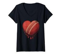 Donna Cuore Fuso Forma Mazza Cricket Giocatore Battitore Maglietta con Collo a V