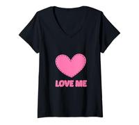 Donna Cuore Rosa con Testo Love Me, Ideale per Gli Innamorati Maglietta con Collo a V