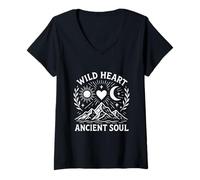 Donna Cuore Selvaggio Ancient Soul Montagna Luna Sole Design Maglietta con Collo a V