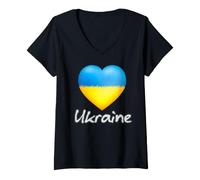 Donna Cuore Ucraina in Fiamme Giallo e Blu Bandiera Ucraina Maglietta con Collo a V