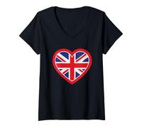 Donna Cuore Union Jack, Amo Il Regno Unito, Inghilterra, Maglietta con Collo a V
