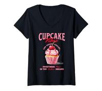 Donna Cupcake in Stile retrò, Motivo Ciliegia, Crema Maglietta con Collo a V