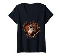 Donna Curioso Orangutan Che sbircia Attraverso Il Buco Rotto Maglietta con Collo a V