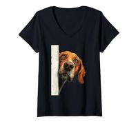Donna Curioso Peeking Hound Dog Art Maglietta con Collo a V