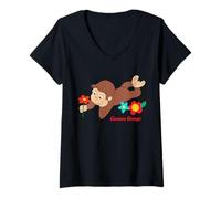 Donna Curious George Spring Flower Fun Maglietta con Collo a V