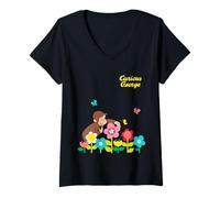 Donna Curious George Spring Flower Garden Fun Maglietta con Collo a V