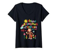 Donna Curious George Sunshine Rainbows & Flowers Maglietta con Collo a V
