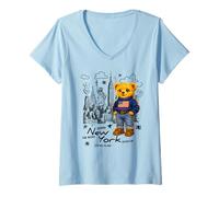Donna Cute American Teddy Bear Sketch Drawing, New York Teddy Bear Maglietta con Collo a V