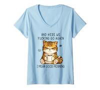 Donna Cute Angry Cat Drinking Coffee Tabby Cat Morning Mood Meme Maglietta con Collo a V