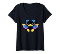 Donna Cute Anime Bat Duck Kawaii Pansexual Pan Pride Colors Maglietta con Collo a V