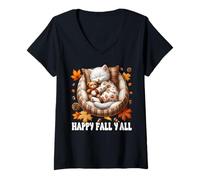 Donna Cute Autumn Cat in Kitten Bed for Cat Lover Happy Fall YALL Maglietta con Collo a V