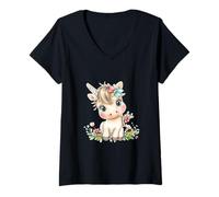 Donna Cute Baby Unicorn with Flowers - Kawaii Pastel Pony Maglietta con Collo a V